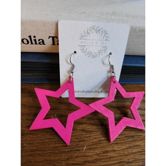 No Brand Jewelry - Pink Balsa Wood Star Earrings